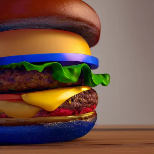 Image similar to burger, splash, 3 d render, incredible details, highly detailed, photorealistic, disney pixar, smooth, octane render, iridescent, 8 k