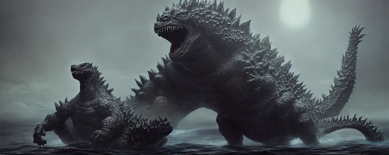 Image similar to duotone noir concept illustration of original 1 9 5 4 japanese godzilla emerging from ocean, octane render, concept hideo kojima surreal atmosphere, volumentric lighting. cosmic horror. accidental renaissance. by sachin teng and sergey kolesov and ruan jia and heng z. graffiti art, scifi, fantasy, hyper detailed. trending on artstation