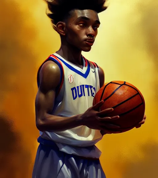 Prompt: portrait of a boy holding a basketball playing basketball wearing a basketball uniform, intricate, elegant, highly detailed, centered, digital painting, artstation, concept art, smooth, sharp focus, illustration, by Peter Mohrbacher, WLOP