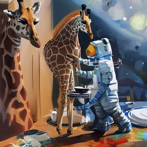 Image similar to a giraffe astronaut drinking tea with queen isabel, trending on artstation, art by greg manchess, guangjian, detailed digital art, artstation hd