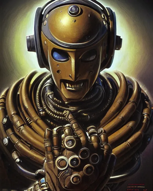 Image similar to zenyatta from overwatch, heavey metal magazine cover, character portrait, portrait, close up, concept art, intricate details, highly detailed, in the style of frank frazetta, r. giger, esteban maroto, richard corben, pepe moreno, matt howarth, stefano tamburini, tanino liberatore, luis royo and alex ebel