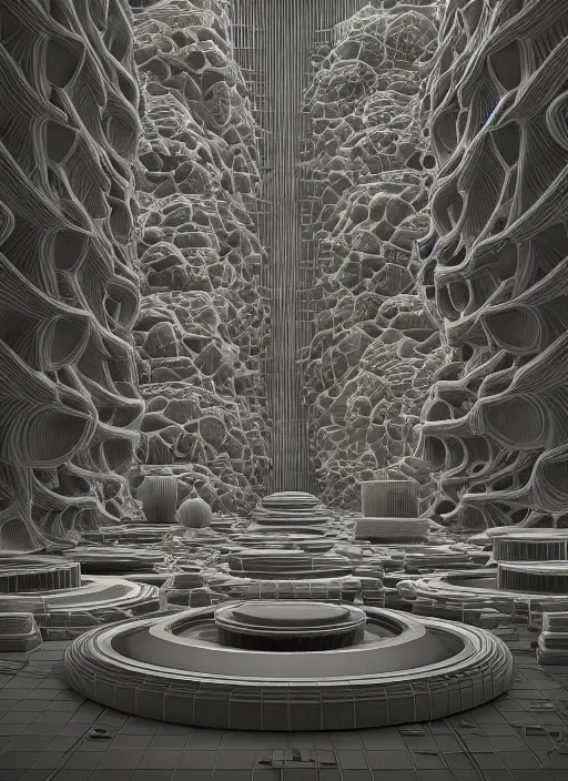 Image similar to highly detailed surreal vfx portrait of a 3 d brutalist landscape of stacks of recursive speakers, polyphonic ecstacy, ornate, hyperrealistic, octane render, chiaroscuro, inspired by james jean, android jones, beeple, rhads, alphonse mucha, frostbite 3 engine