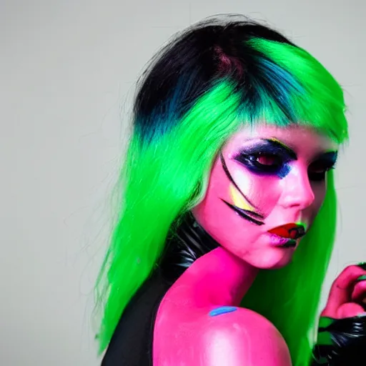 Prompt: Portrait of a beautiful cyberpunk android, red lipstick, fluorescent pink face paint, bright green hair, metallic cyan bodysuit