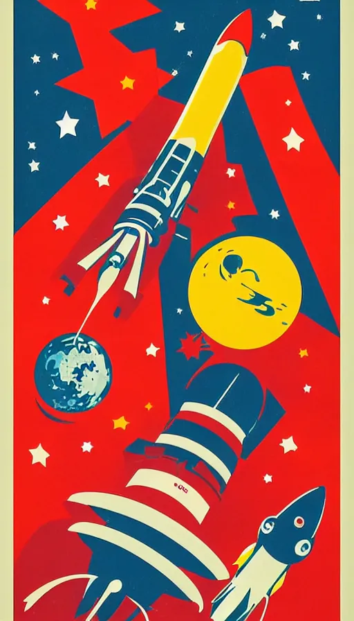 Prompt: retro propaganda poster for space exploration, rocket launching, stars and planets
