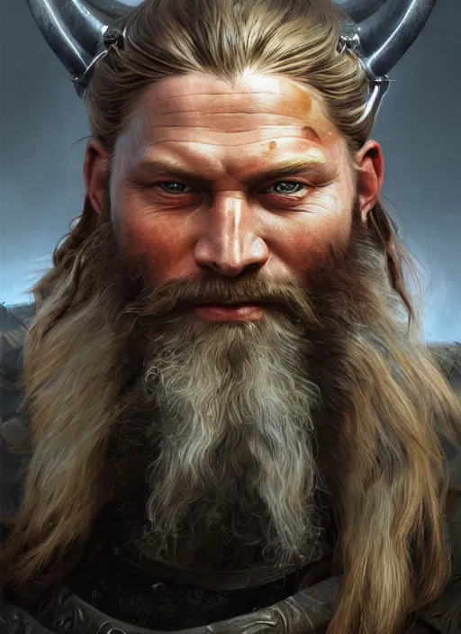 Prompt: close up portrait painting of a bearded viking warrior, ultra realistic, concept art, intricate details, serious, highly detailed, photorealistic, octane render, 8 k, unreal engine. art by artgerm and greg rutkowski and alphonse mucha