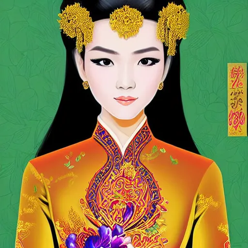 Image similar to portrait of a beautiful vietnamese woman wearing vietnamese ao dai, intricate, detailed, symmetric face, by wlop