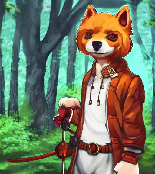 Prompt: close up character portrait icon of the anthro anthropomorphic very cute jindo dog trader head stylized animal person fursona wearing clothes standing in the bright forest, hidari, color page, tankoban, 4 k, tone mapping, akihiko yoshida