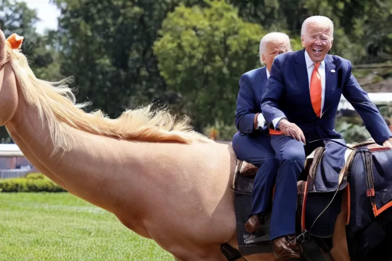 Prompt: President Joe Biden riding an orange horse with face of Donald Trump, Reuters photo