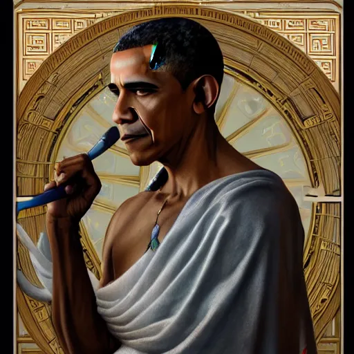 Prompt: portrait of a barack obama as a male goddess, garce, taosim, utral high detail, medium shot, rimming light, alphonse mucha, artgerm lau, greg rutkowski