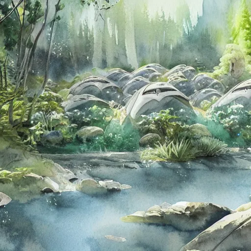 Image similar to beautiful happy picturesque charming sci - fi organic pod - like homes of the future in a beautiful natural scene. water, trees and rocks. beautiful light. soft colour scheme. beautiful artistic detailed watercolor by lurid. ( 2 0 2 2 )