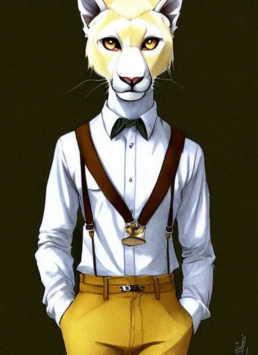 Image similar to beautiful portrait commission of a male furry anthro!!! albino mountain lion wearing a yellow dress shirt, olive green slacks, and suspenders. Atmospheric. Character design by charlie bowater, ross tran, artgerm, and makoto shinkai, detailed, inked, western comic book art