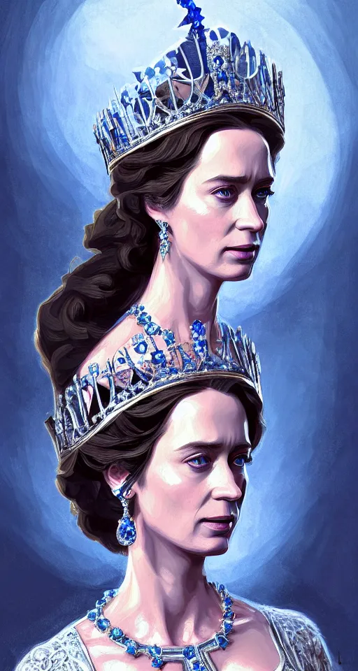 Image similar to portrait of emily blunt as queen, jewelry, greek, sapphire, victorian age, 1 8 9 0, intricate, headshot, key visual, conceptart, ambient lighting, highly detailed, digital painting, artstation, concept art, sharp focus, by makoto shinkai and akihiko yoshida and greg manchess