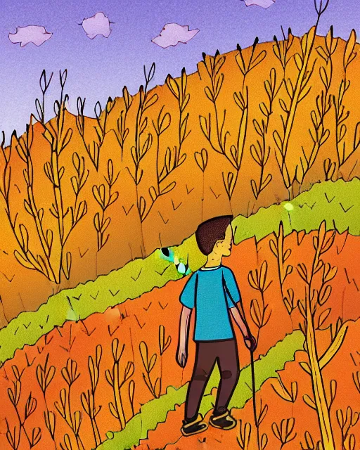 Prompt: autumn hillside boy hiking illustration detailed, by alba ballesta gonzalez