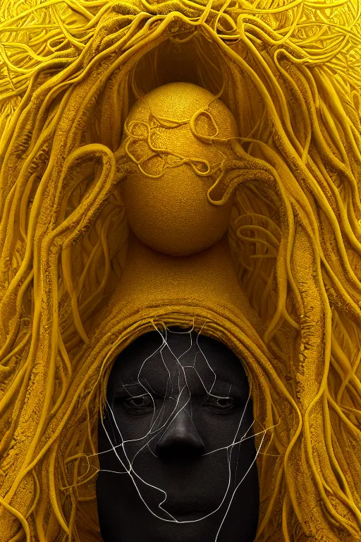 Image similar to A full body portrait of a mysterious character with no face with a very long hooded yellow cloak, a golden crown floating above his head tentacles coming out the ground art by Lee Griggs and Jason Chan, ominous, cosmic horror, trending on artstation, Ultra detailed, hyper realistic 4k