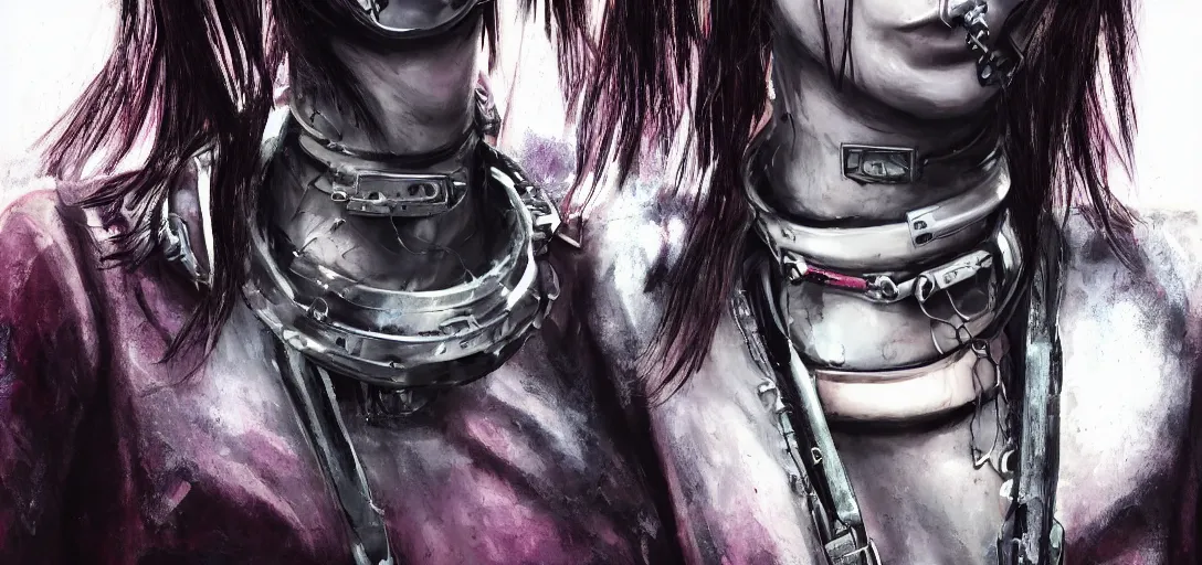 Image similar to detailed realistic female character cyberpunk wearing thick steel collar around neck, realistic, art, beautiful, 4K, collar, choker, collar around neck, punk, artstation, detailed, female, woman, choker, cyberpunk, neon, punk, collar, choker, collar around neck, thick collar, choker around neck, wearing choker, wearing collar,