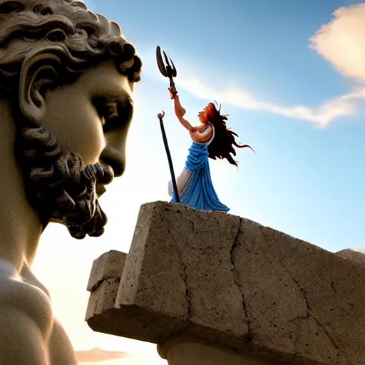 Image similar to tiny greek goddess in steel helmet standing on a giant greek bearded male head of Zeus, greek temple of olympus glory island, late afternoon light, wispy clouds in a blue sky, by frank lloyd wright and greg rutkowski and ruan jia