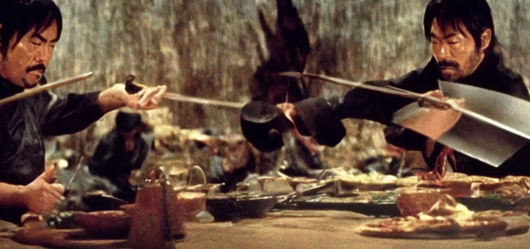 Image similar to scene from Kagemusha, 1980, movie still, cinematic, a chef using magic to make a pizza, epic,
