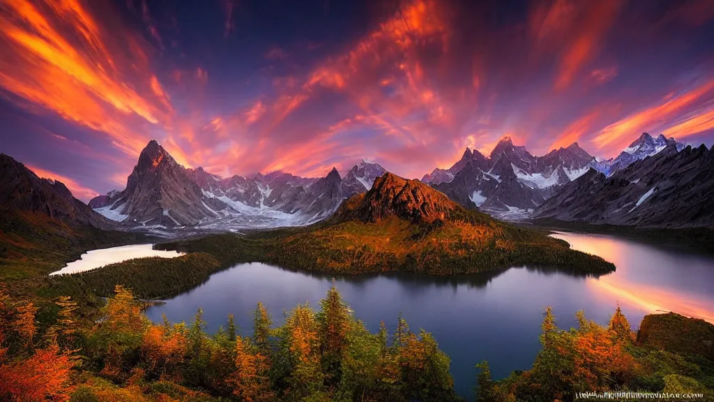 Image similar to amazing landscape photo of mountains with lake in sunset by marc adamus, beautiful dramatic lighting