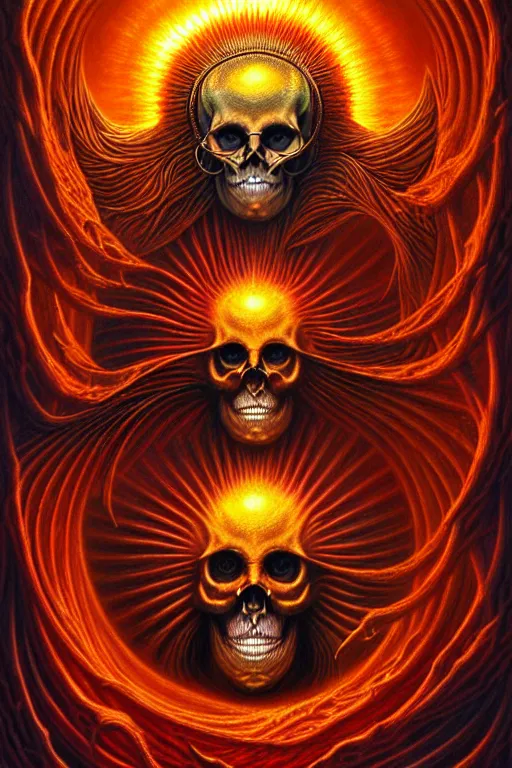 Image similar to A beautiful detailed deeath sun godness, tarot card, by tomasz alen kopera and Justin Gerard, symmetrical features, ominous, magical realism, texture, intricate, ornate, royally decorated, skull, skeleton, whirling smoke, embers, red adornements, red torn fabric, radiant colors, fantasy, trending on artstation, volumetric lighting, micro details, 3d sculpture, ray tracing, 8k, anaglyph effect