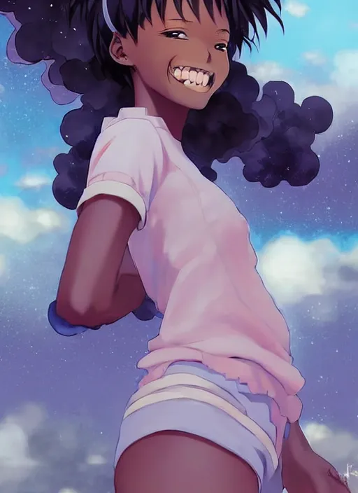 Image similar to beautiful city black woman only, anime style only, happy smile, scenery wallpaper aesthetic, pastel colors only, symmetrical face and full body, cinematic, dramatic, joyful, super detailed and intricate, hyper realistic, by artgerm, by kyoung hwan kim, by ralph mcquarrie, by yoshiyuki tomino