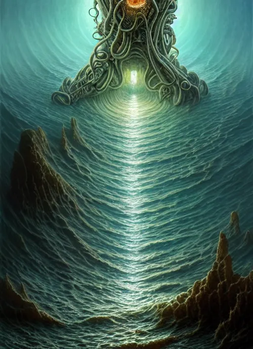 Image similar to cthulu emerging from ocean, a scenic dystopian environment, lovecraftian, intricate, elegant, highly detailed, centered, digital painting, artstation, concept art, smooth, sharp focus, illustration, artgerm, tomasz alen kopera, peter mohrbacher, donato giancola, joseph christian leyendecker, wlop, boris vallejo