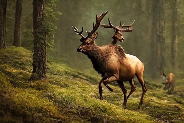 Prompt: vfx movie closeup detailed ancient warrior hunting elk in the forest, natural lighting by emmanuel lubezki
