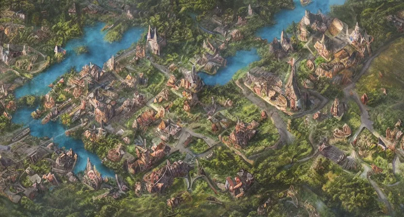 Prompt: Detailed overhead Photorealistic Map of small village in magical world, wartorn, fire, evil, mist, siege, battlefield, trenches, gritty, dragon overhead, goblins, orcs, giants, forest, Greg Rutkowski, trending on Artstation