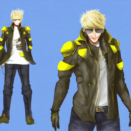 Prompt: elven male, shaggy blonde hair. Wearing modern yellow leather jacket and blue camouflage pants, black wellington glasses. Modern, concept art, Akikazu Mizuno, phantasy star online, anime