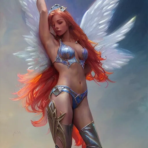 Prompt: Angel woman in bikini armor, D&D, elegant, vibrant, fantasy, intricate, smooth, artstation, painted by edgar maxence, greg rutowski, ross tran, artgerm