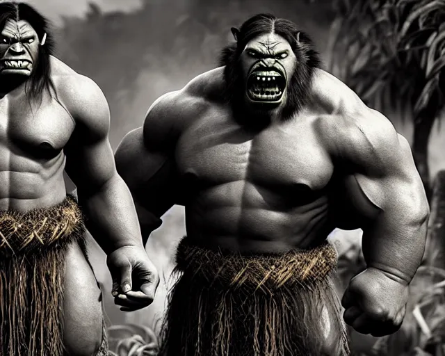 Image similar to hyper realistic group vintage photograph of a live action warcraft orc warrior tribe in the jungle, tall, hulk like physique, detailed faces, tribal paint, tribal armor, grain, old, monochrome, sepia toned, realistic lighting, wide angle