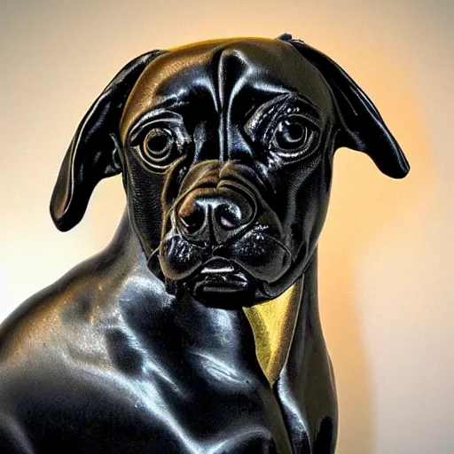 Image similar to photo of black pugalier dog sculpture, by caravaggio, immense detail