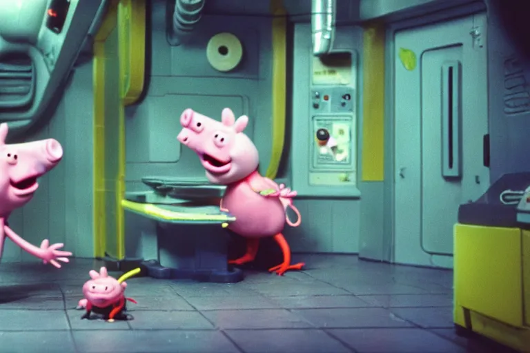 Image similar to peppa the pig with xenomorph body from movie alien 1 9 7 9, staying at nostromo spaceship. extreme long shot, cinestill, black and blue and acid green colors