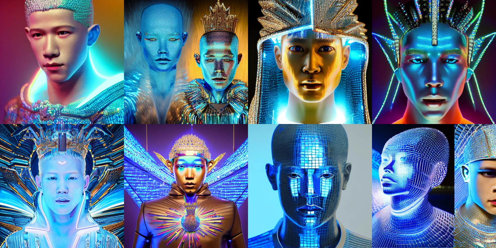 Prompt: hyper detailed ultra sharp portrait of vietnamese people and bladerunner delicate neon diamond sculpture of seductive albino pharaoh nick jonas, diamond sphinx blue iridescent humanoid deity wearing metallic hoody made out of hands holding the sun prismatic dungeon, glowing blue face, crown of white diamonds, cinematic lighting, photorealistic, octane render 8 k depth of field 3 d