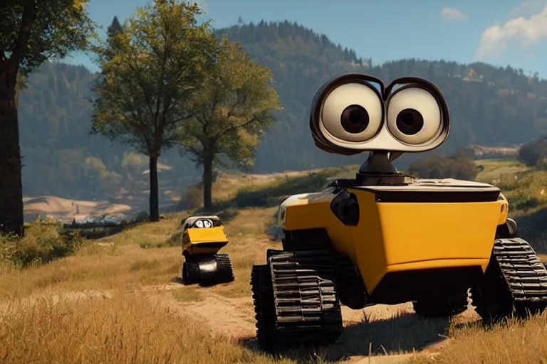Prompt: wall - e in forza horizon 4, heavy detailed, ultra high definition quality, forza game engine graphics