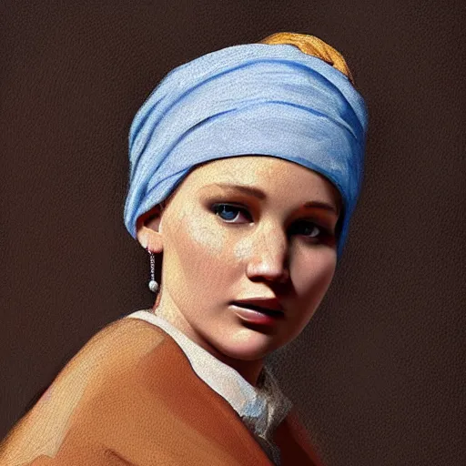 Image similar to portrait of Jennifer Lawrence in the style of Girl with a Pearl Earring by Johannes Vemeer, oil painting, masterpiece, old master, grand master, symmetrical facial features, intricate, elegant, digital painting, concept art, smooth, sharp focus, illustration