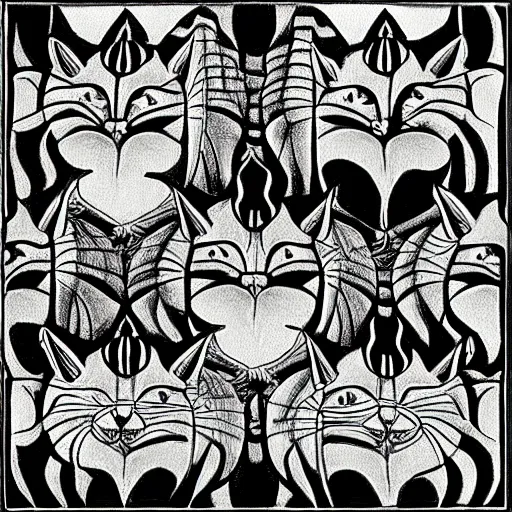 Image similar to drawing realistic stylized cats in the style of escher. symmetric. detailed. hd