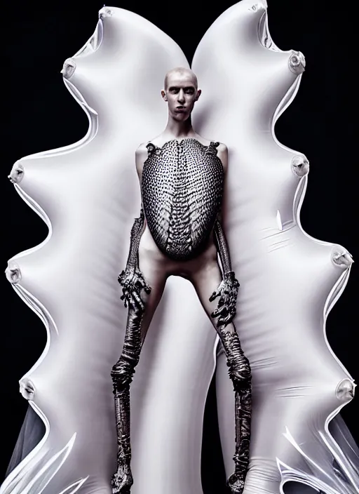 Image similar to walking down the catwalk, mert alas and marcus piggott, show, stage, vogue photo, podium, fashion show photo, historical baroque dress, iris van herpen, beautiful woman, full body shot, masterpiece, inflateble shapes, alien, predator, guyver, jellyfish, white biomechanical details, highly detailed