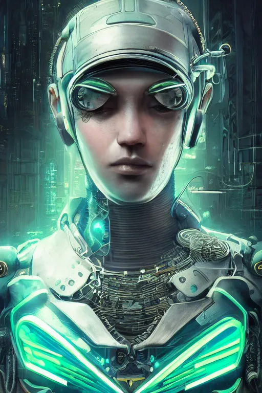 Prompt: Portrait of a cyberpunk sci-fi cyborg, third person, D&D, sci-fi fantasy, pistons and bolts, intricate, green and gold, highly detailed, art by Range Murata, highly detailed, 3d, octane render, bright colors, digital painting, trending on artstation, sharp focus, illustration style of Stanley Artgerm, background in a cinematic style