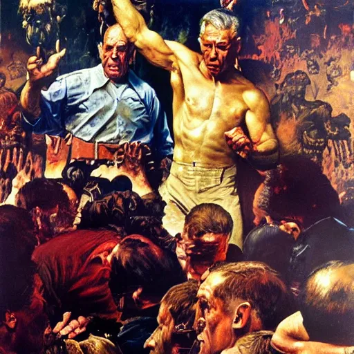 Prompt: action scene of political debate, oil painting by frank frazetta and norman rockwell, cinematic, hyperreal, intense, highly textured, wide angle, insanely detailed, god rays, 3 5 mm, shallow depth of field