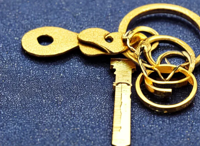 Image similar to close up of a gold and sapphire key, high detail, complex