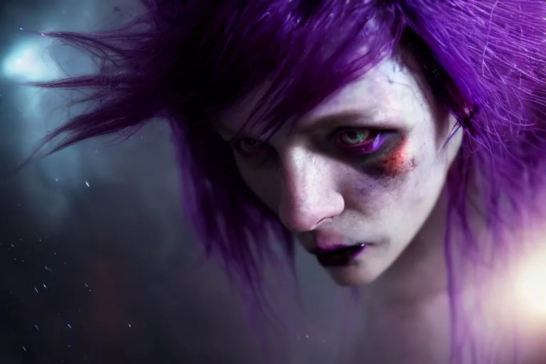 Prompt: an ultra realistic, cinematic, close up portrait, of a vampire with purple hair, soft light, dreamy, facial features, standing in a space ship wreck, sci - fi armor, detailed, deep focus, movie still, dramatic lighting, ray tracing, by michal karcz and yoshitaka and david cronenberg