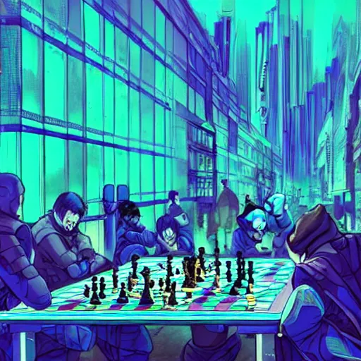 Image similar to high detailed replicants playing chess in a cyberpunk rainy city at night by josan gonzalez, purple and blue neons, rendered in unreal engine, high quality, 4 k, uhd, trending on artstation, wires, blade runner vibes, ghost in the shell, akira, dorohedoro