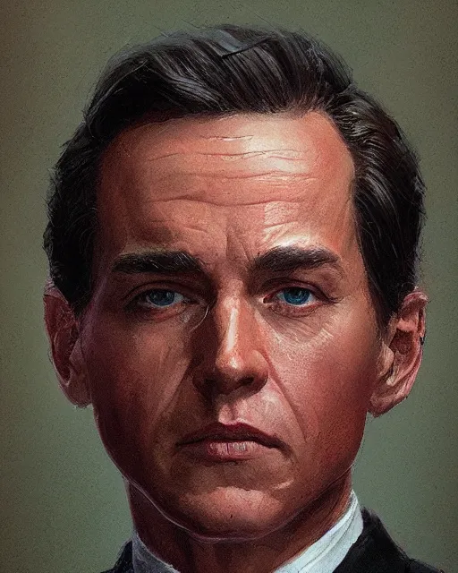 Prompt: portrait of a 1 9 9 2 united states president, who is a young man a scholarly appearance, detailed face, 2 0 th century, highly detailed, cinematic lighting, digital art painting by greg rutkowski