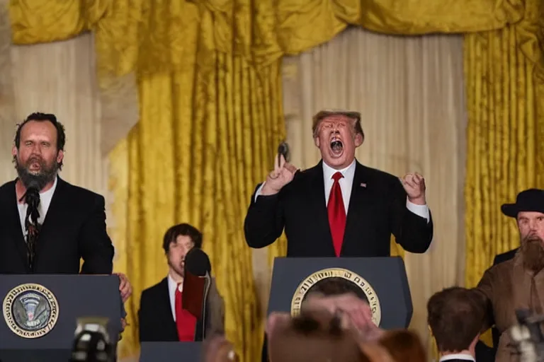 Image similar to vfx movie angry yelling pigman president of the united states speaking at podium on stage. by emmanuel lubezki