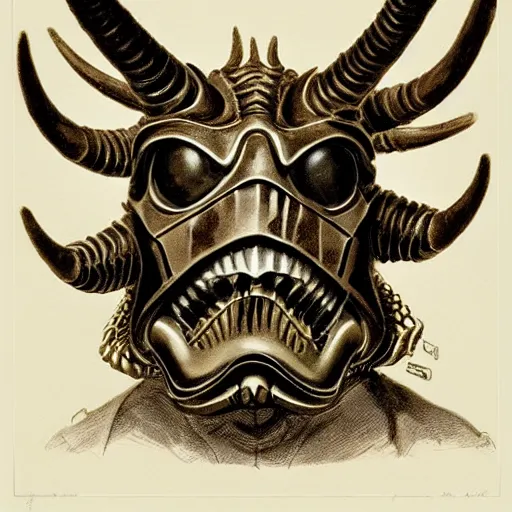 Prompt: close up front view of a demonic horned stormtrooper with compound eyes, symmetrical, by jean - baptiste monge!!!!!!!!!!!!!!!!!!!!!!!!!!!