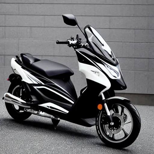 Image similar to photo of tuned black and white pearlescent yamaha aerox 7 5 ccm, race style, custom scooter, dslr, 8 5 mm, f / 1. 3