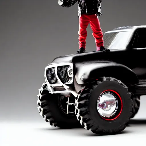 Image similar to travis scott figure standing on top of a black toy monster truck, studio lighting, white background