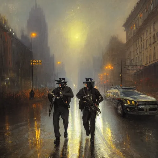 Image similar to highly detailed painting of metrocops patrolling city - 1 7, shotgun in hand, streets of nyc, by william turner, by greg rutkowski, by william constable, thick brush strokes and visible paint layers, 4 k resolution