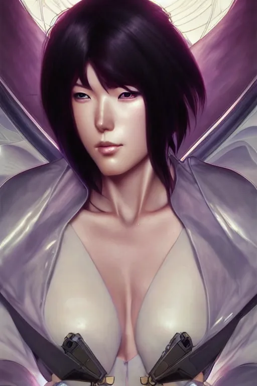 Image similar to beautiful motoko kusanagi, dark fantasy, intricate, elegant, highly detailed, digital painting, artstation, concept art, matte, sharp focus, illustration, art by artgerm and alphonse mucha