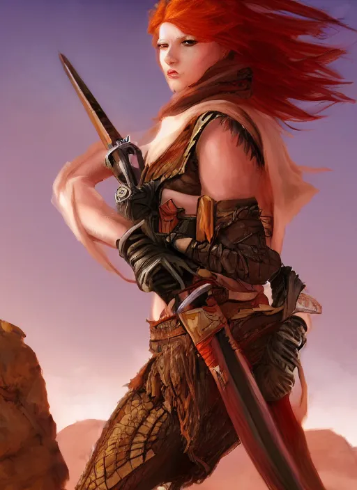 Image similar to Redhead female fighter with katana in desert, fantasy, medieval, vivid colors, fantasy, elegant, concept art, sharp focus, beautiful face, digital art, Hyper-realistic, 4K, Unreal Engine, Highly Detailed, HD, Dramatic Lighting by Brom, trending on Artstation